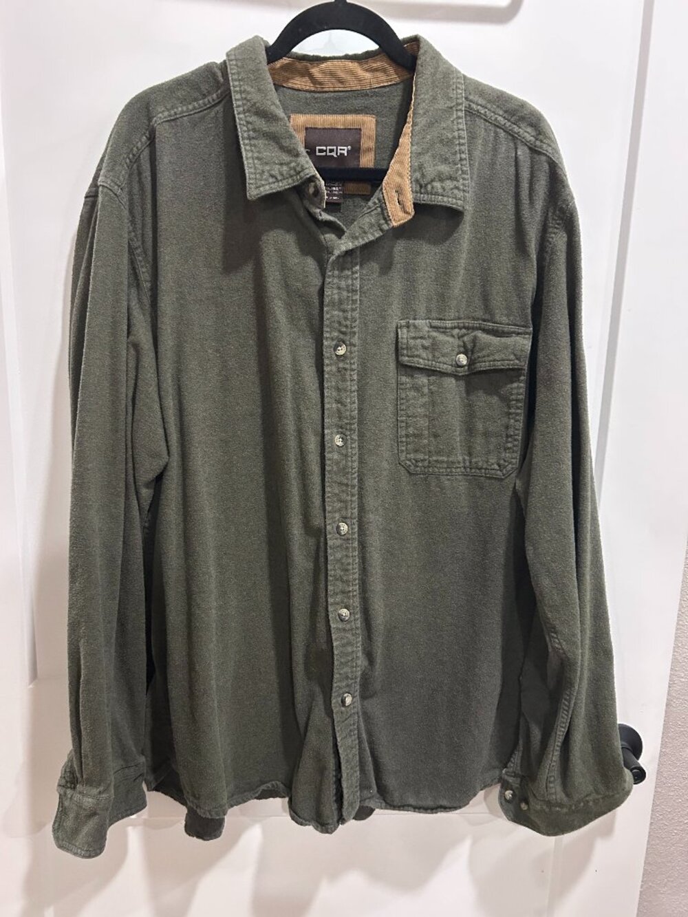 CQR Mens 2XLT Flannel Shirt Olive Green Corduroy Detail Long Sleeve Button Up